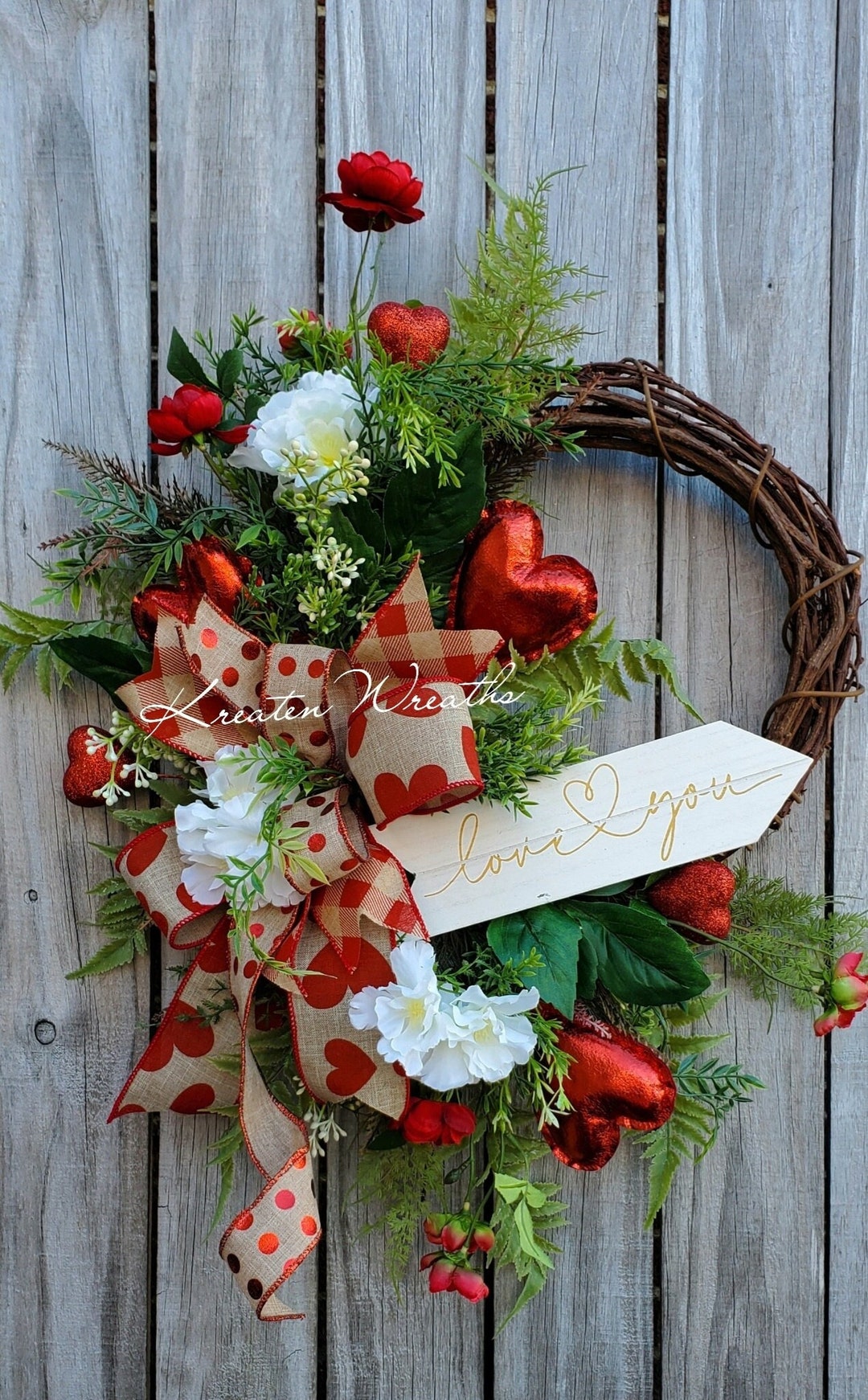 LOVE YOU Valentines Wreath Elegant Red White and Gold Wreath With ...