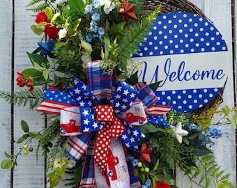 4th July Wreath Patriotic Memoral Day Summer Door Wreath with Welcome Sign Bow floral and mini stars Red White Blue Independence Wreath