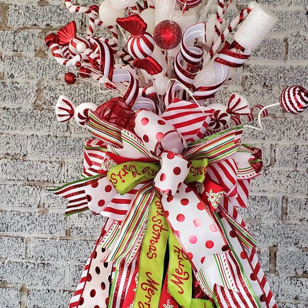Puntale per albero di Natale, puntale a 360 gradi, puntale per albero di Natale a forma di bastoncino di zucchero, decorazione per albero di Natale rosso, verde e bianco, fiocco per albero di Natale tradizionale