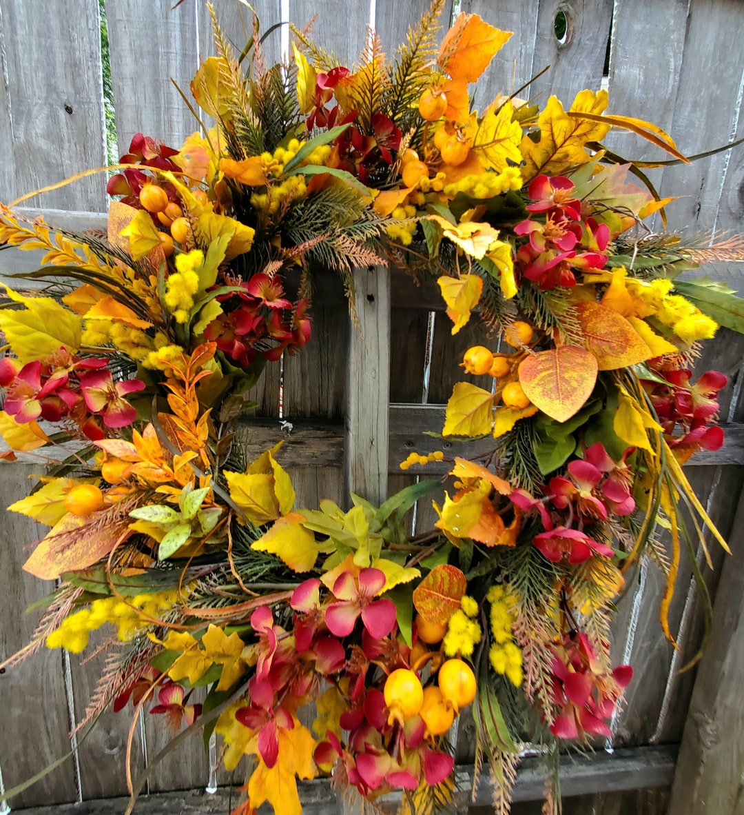 Fall Wreath Yellow Orange and Burgundy Autumn Leaves and Berry Wreath ...