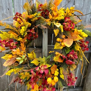 Fall Wreath Yellow Orange and Burgundy Autumn Leaves and Berry Wreath for Frontdoor Walls Fireplace and Entryway Thanksgiving Door Wreath