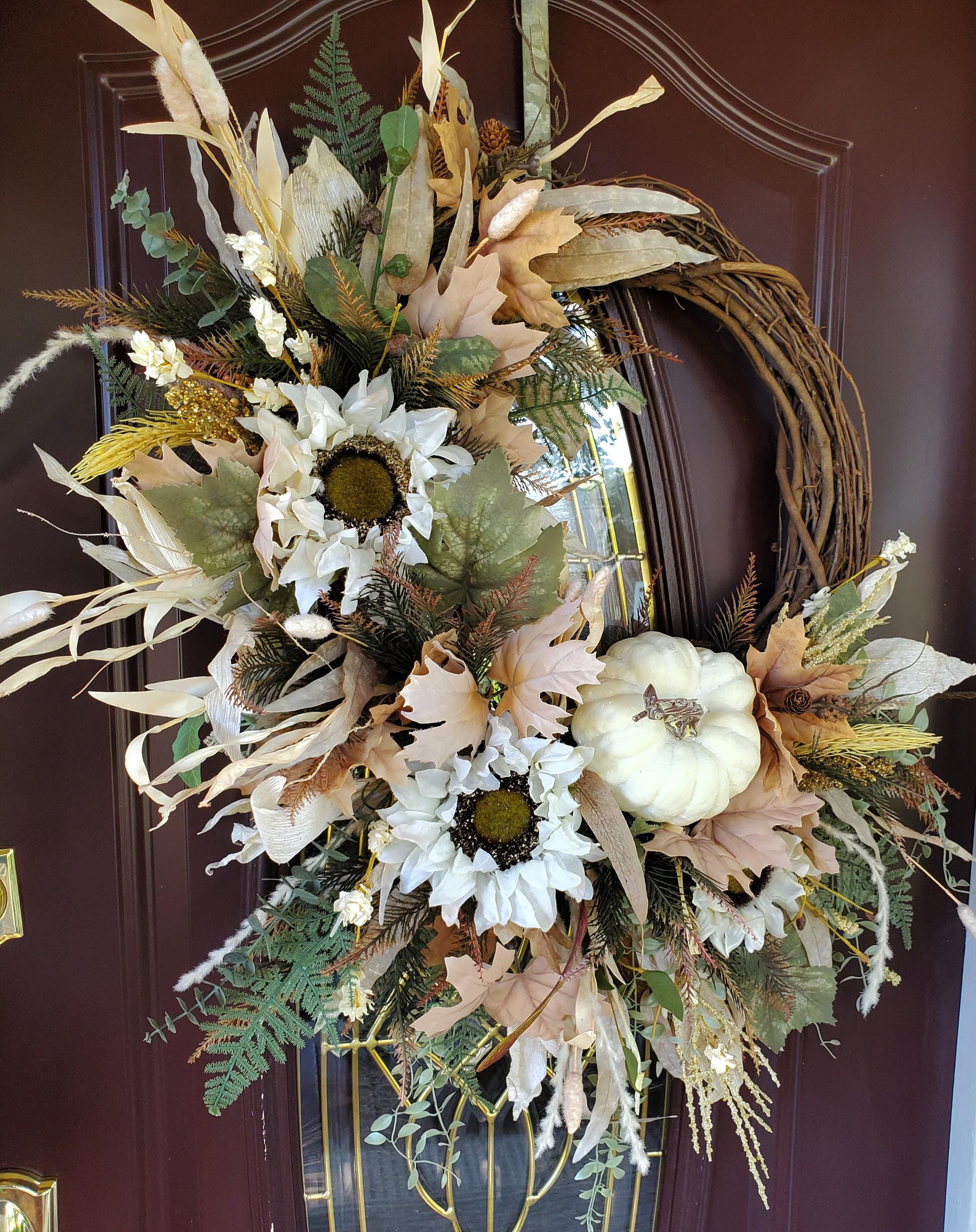 Fall Harvest Wreath Orange and Brown Tone Grapevine Floral Autumn Door ...