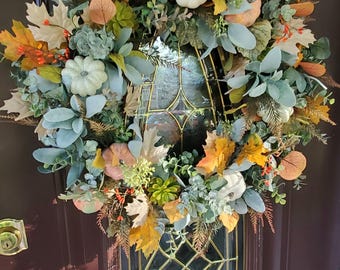 Corona de calabaza de cosecha de otoño con calabazas Corona de vegetación rústica de otoño Corona de calabaza blanca de Acción de Gracias Decoración de otoño de granja