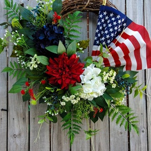 Patriotic American Flag Wreath 4th of July Spring Summer grapevine Everyday Wreath Memoral Day Red White Blue Hydrangeas frontdoor wreath image 10