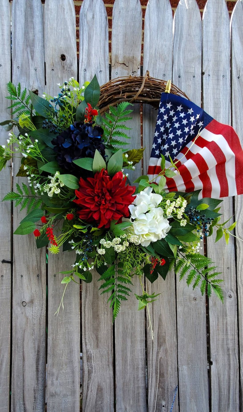 Patriotic American Flag Wreath 4th of July Spring Summer grapevine Everyday Wreath Memoral Day Red White Blue Hydrangeas frontdoor wreath image 10