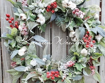 Flock Winter Greenery Wreath with Berries Farmhouse Christmas Door Wreath Rustic Flock Christmas Wreath Winter Door Decor Christmas Wreath