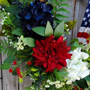 Patriotic American Flag Wreath 4th of July Spring Summer grapevine Everyday Wreath Memoral Day Red White Blue Hydrangeas frontdoor wreath image 4