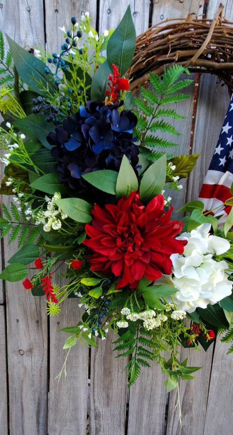 Patriotic American Flag Wreath 4th of July Spring Summer grapevine Everyday Wreath Memoral Day Red White Blue Hydrangeas frontdoor wreath image 4