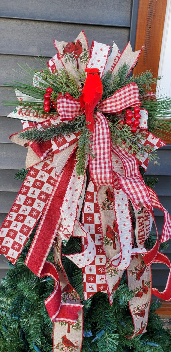 Rustic Christmas Tree Topper Bow Cardinal Tree Topper Christmas Tree Bow Rustic Cardinal Christmas Decor Wreath Bow Cardinal Winter Tree Dec