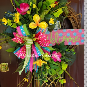 Spring Summer Wreath Hot Pink Blue and Yellow Welcome Floral Grapevine Hibiscus Calla Lilly Wreath Colorful Spring Summer Frontdoor Wreath