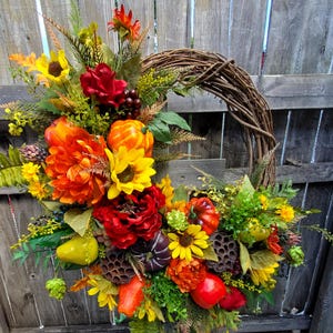 Fall Fruit Wreath with Pumpkins Sunflower, Berries, Apples Peony Stems Thanksgiving Fall Decor Farmhouse Autumn Door Wreath Fall Wreath