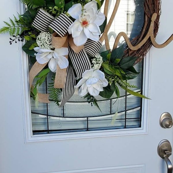 Southern Charm Farmhouse Magnolia Grapevine Door Wreath with Bow,Bless Our Home Rustic Farmhouse Wreath,Farmhouse Decor, Summer Door Wreath