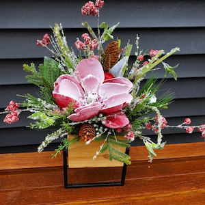 Christmas Table Top Arrangement with Frosted Magnolia Stem Berries and Pine Cones Red Winter Floral Arrangement in Wooden Standing Container