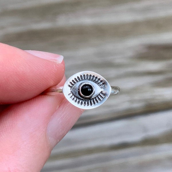 Sterling Silver Onyx Evil Eye Ring, Sterling Silver Stamped Eye Ring, Sterling Silver Mati Ring, Sterling Silver Third Eye Ring