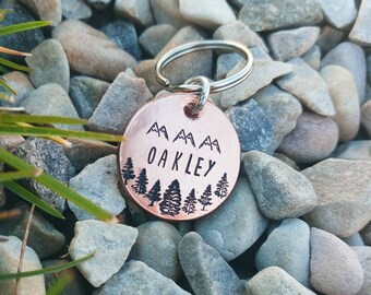 Mountain and pinetree dog tag• personalized dog tag• Outdoor dog tag• Hiking dog tag• Handmade dog tag• Mountain tag• pinetree tag