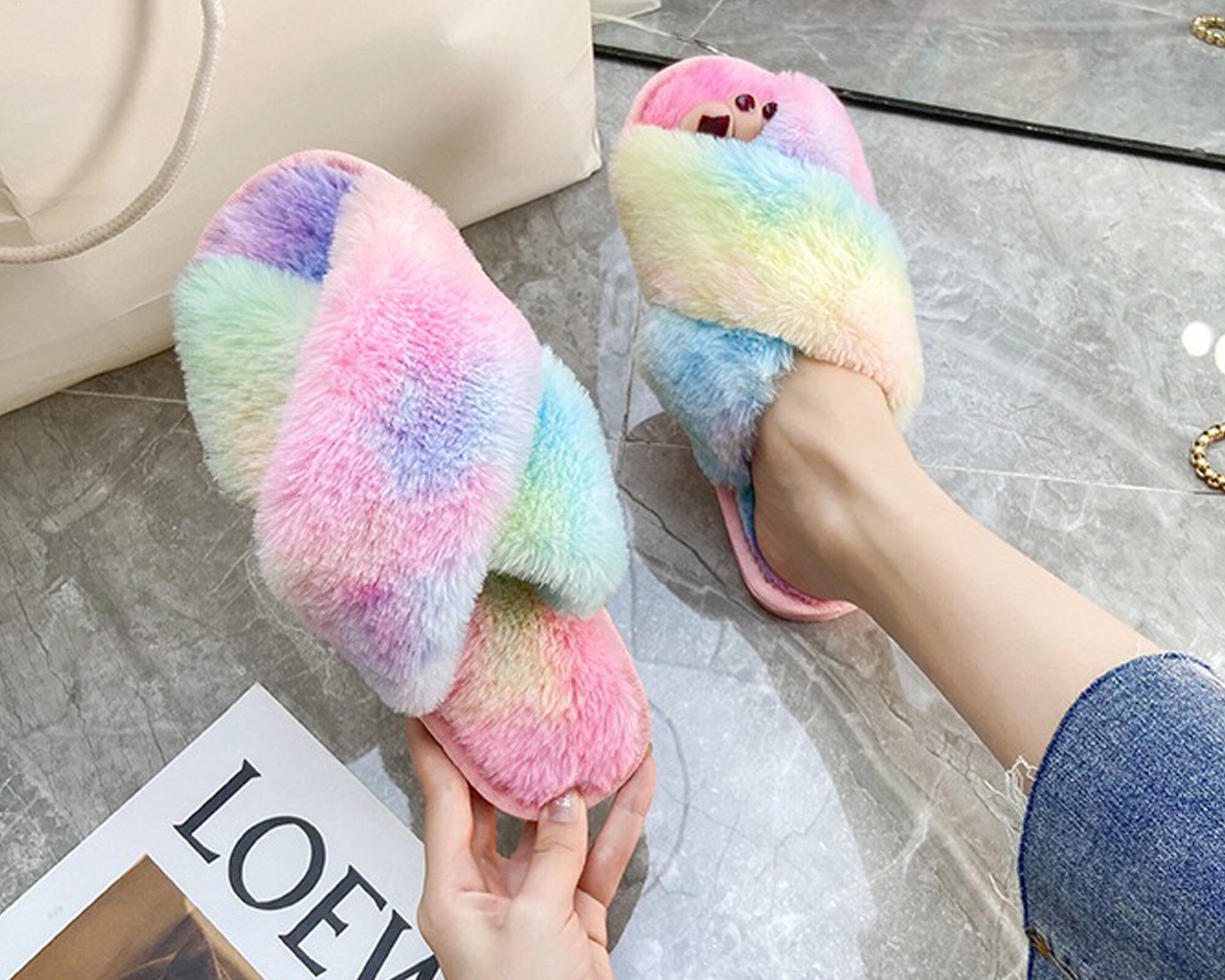 Colorful Cross Wool Slippers Rainbow Slippers Indoor Floor Etsy