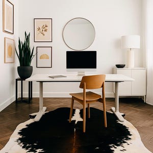 May include: A modern home office setup featuring a white desk, wooden chair, and a black and white cowhide rug. The room includes a computer, artwork, a tall plant, and a round mirror. The floor is made of dark wood.