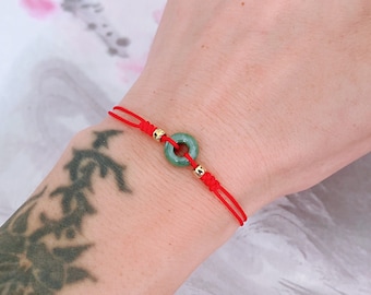 Green Jade Bracelet: Red String, Good Luck, Natural Jade