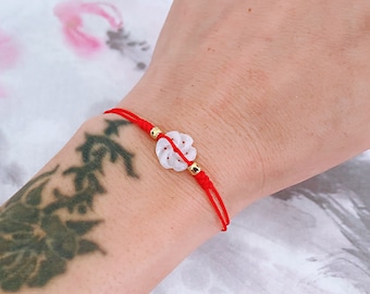 Jade Flower Bracelet: Red String Amulet, 24k Gold Plated