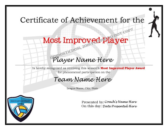 editable volleyball certificates digital downloadable printable create your own award template most improved player certificate