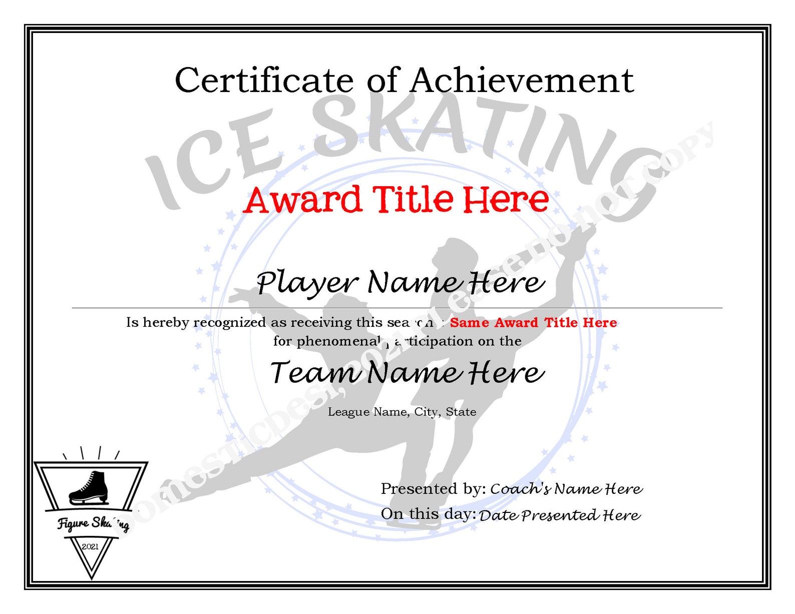 Editable Ice Skating Certificates 3 Templates Digital Downloadable