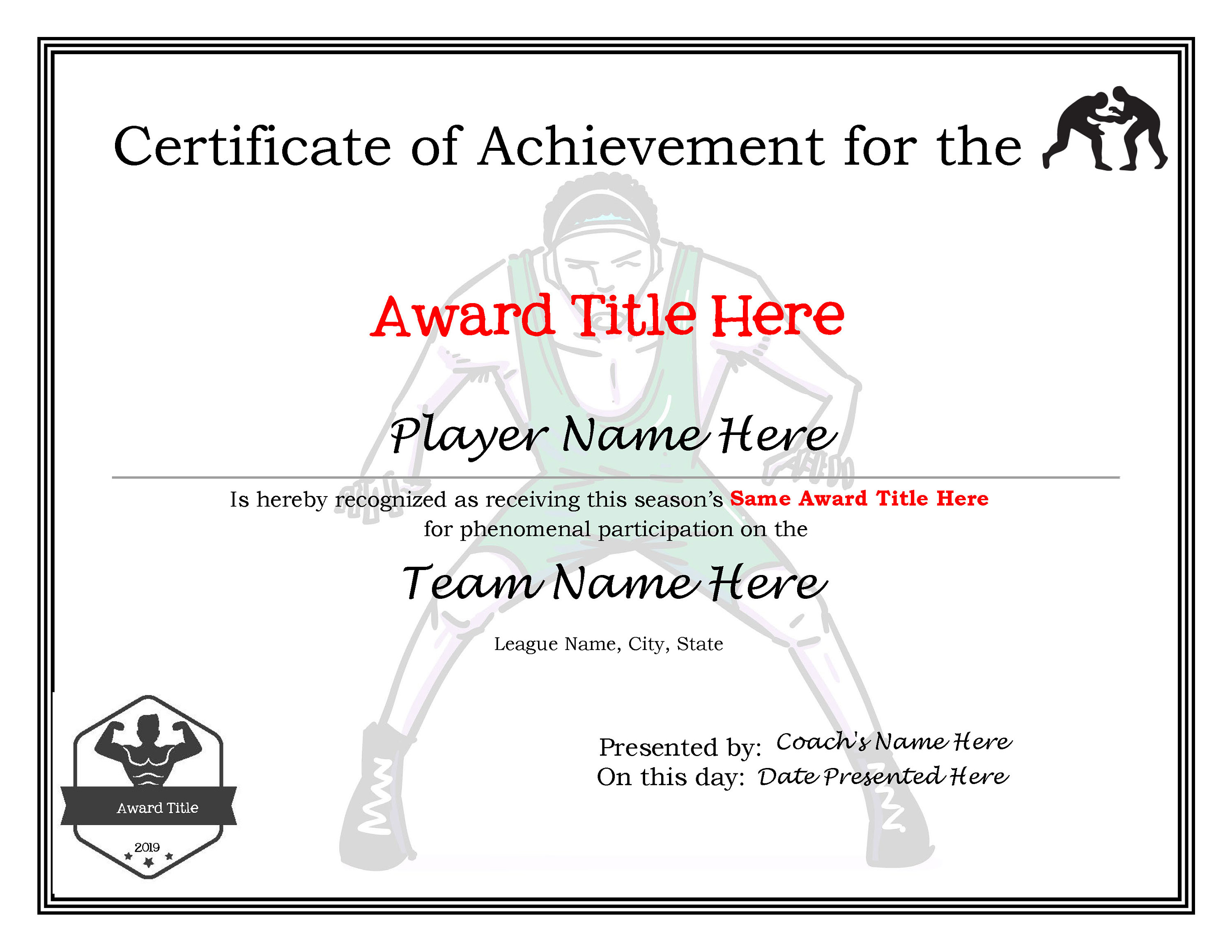 Editable Wrestling Certificatesdigital Downloadable Printable Template