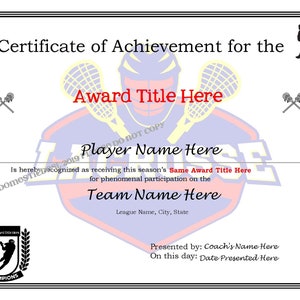 Editable Lacrosse Certificates Downloadable and Printable, Create Your Own Award Template - Etsy