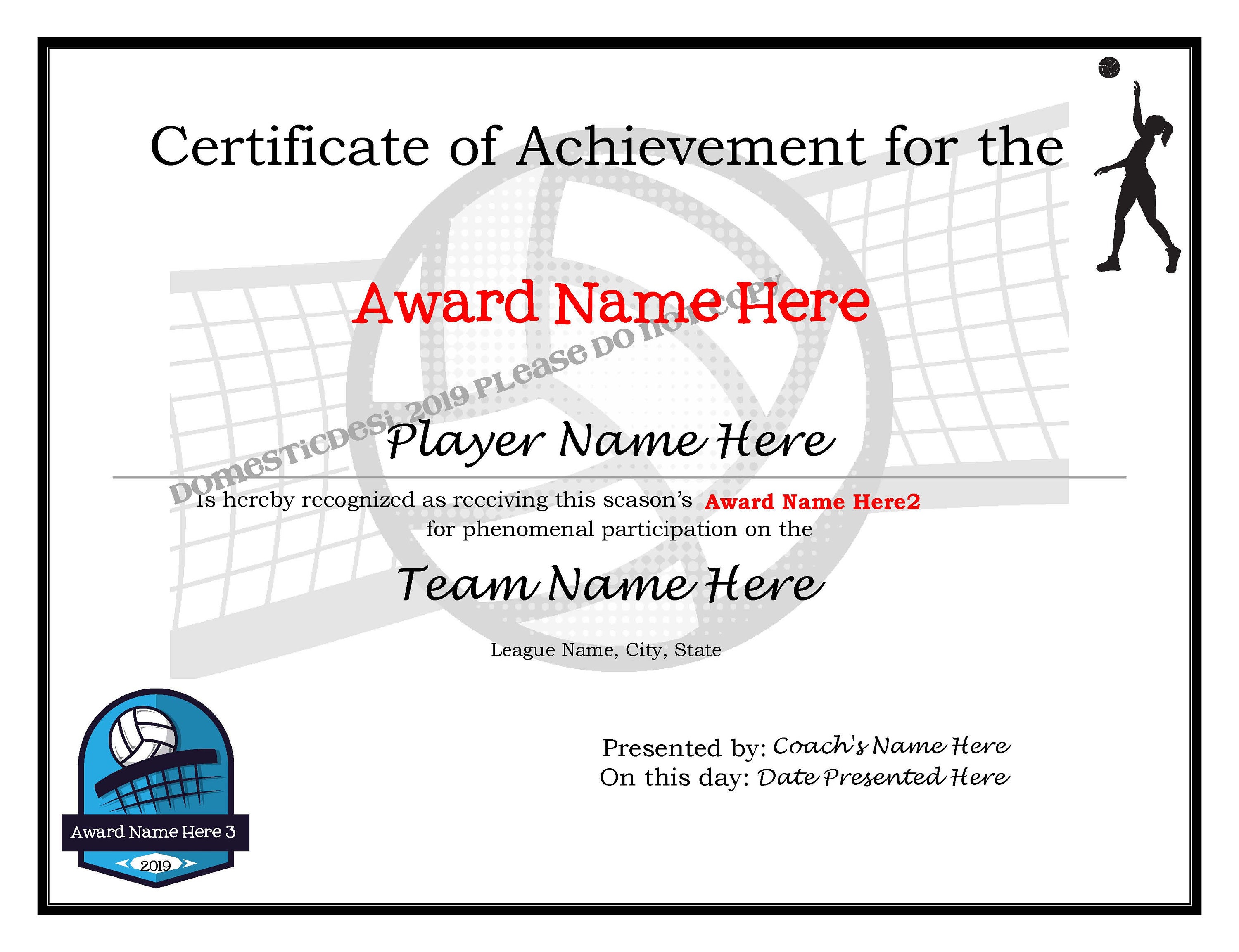 Editable Volleyball Certificatesdigital Downloadable Printable