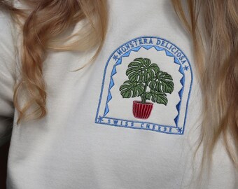 Embroidered Swiss Cheese House Plant Sweatshirt: Unisex Eco Jumper