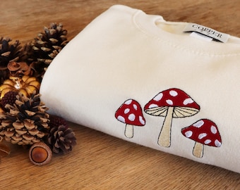 Three Mushrooms Embroidered Sweatshirt, Autumn Clothing, Embroidery, Fall Sweater, Eco Jumper, Unisex Halloween, Toadstool, Autumnal Sweater