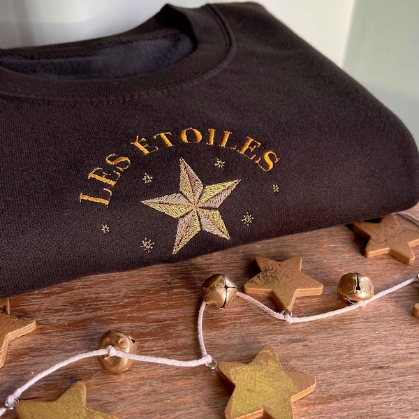 Stars Embroidered Sweatshirt, Les étoiles, Vintage Sweater, Christmas Sweater, Embroidery, French, Festive Jumper, Metallic Gold, Holidays