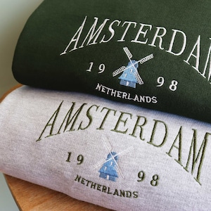Amsterdam Embroidered Sweatshirt, Unisex Crewneck Sweater, Dutch, Windmills Netherlands, Vintage Jumper, Embroidery, City, Travel, Gift Idea