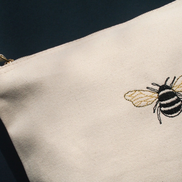 Bumblebee, Zip Bag, 100% Organic, Cotton canvas, 19 x 18 x 9cm, Eco, Gold Thread, Toiletries, Metallic Wings, Gift bag, Design, Mothers Day