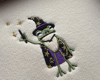 Embroidered Wizard Frog Sweatshirt: Organic Cotton Blend, Unisex Fall Sweater