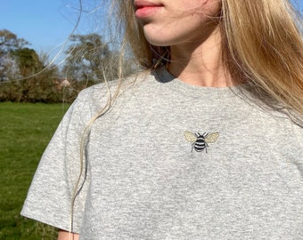 Embroidered Bee T-Shirt: Handmade Organic Cotton Graphic Tee