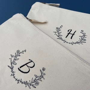 Initial Embroidered Eco Makeup Zip Bag, Personalised Gift Mum, Mothers Day Gift, Bridesmaids, Floral Wreath, Hen, Personalised, Embroidery