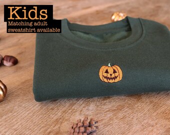 Kids Embroidered Pumpkin Face Halloween Sweatshirt: Unisex Eco Jumper