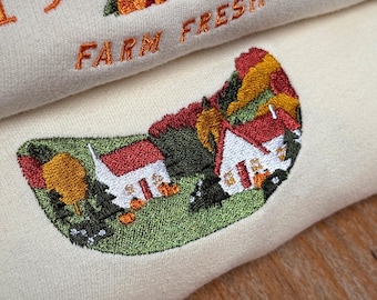 Embroidered Autumn Scene Sweatshirt: Organic Cotton Blend Halloween Jumper