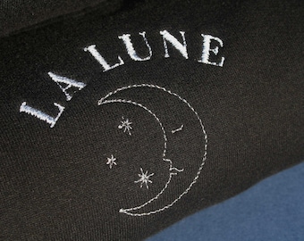 Moon Sweatshirt, La Lune, Embroidery, French, Black Jumper, Loungewear, Boho, Vintage, Comfy, Embroidered, Metallic Silver, Half moon