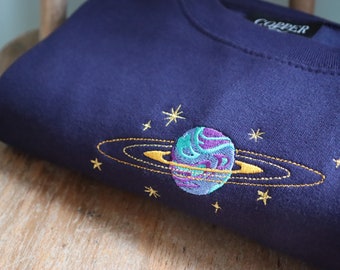 Sudadera bordada planeta anillado, espacio retro, sistema solar, saltador, cósmico, astronomía, universo, galaxia, Júpiter, vintage, idea de regalo