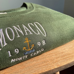 Monaco Embroidered Sweatshirt, Unisex Crewneck Sweater, Monte Carlo, Eco Jumper, Yacht Club, Embroidery, City, Vintage, Retro, Gift Ideas