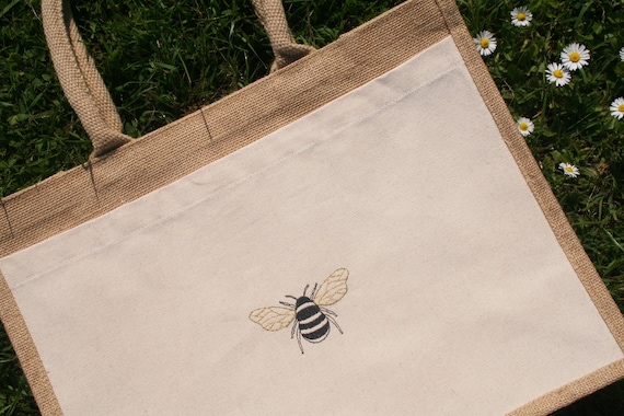 Bumblebee Shopper Big Jute Bag Embroidered Bee Nature Golden