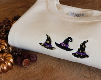 Embroidered Witch Hats Sweatshirt: Organic Cotton Halloween Jumper