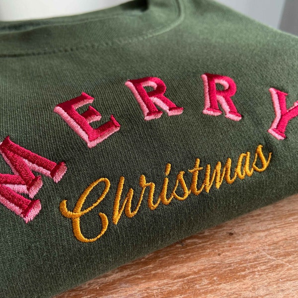 Retro Merry Christmas geborduurde trui, unisex, vakantie trui, kousvuller, vintage feestelijk sweatshirt, borduurwerk, jaren '50, cadeau-ideeën