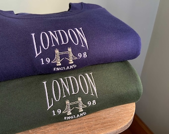 Sweat-shirt brodé de Londres, pull ras du cou unisexe, jubilé de platine de la reine, pull écologique, broderie, ville, style rétro vintage, Angleterre