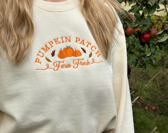 Embroidered Pumpkin Patch Sweatshirt: Organic Cotton Blend, Unisex Jumper