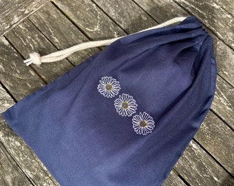 Embroidered Daisy Drawstring Bag - Navy Cotton Gift Sack