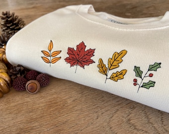 Embroidered Autumn Leaves Sweatshirt: Organic Cotton Fall Jumper