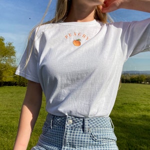 Peachy Embroidered T-Shirt, Sustainable Clothing, Embroidery, White Tee, Peach, Holiday, Summer, Fruit, Retro, Vintage Top, Organic Cotton