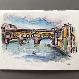 オリジナルの水彩画とペンで描かれた空白カード。イタリア、フィレンツェのヴェッキオ橋の絵画。印刷物ではありません。